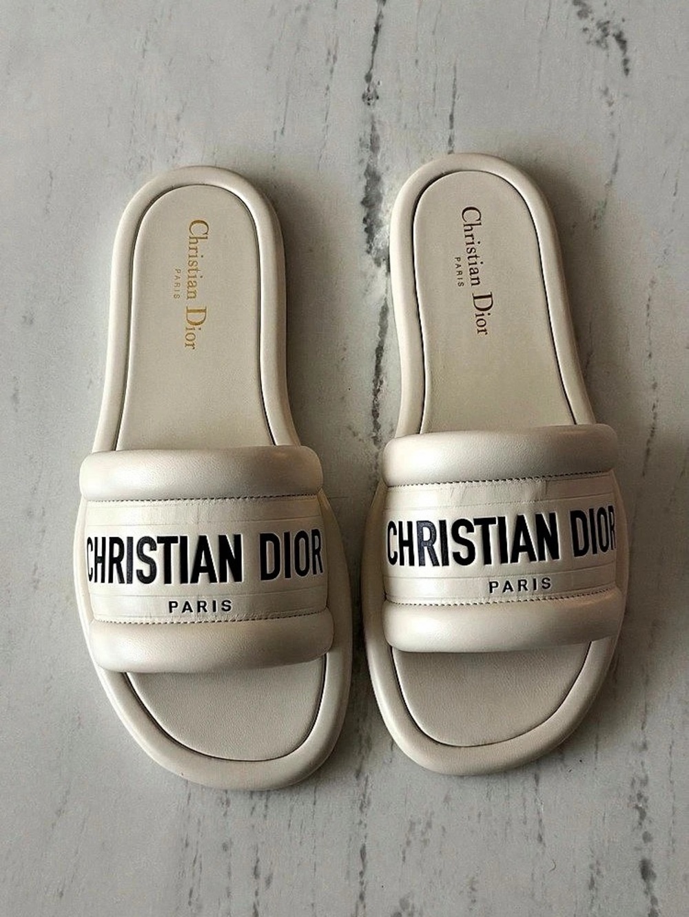 Christian Dior cream/ivory leather logo puffy slides *new in box*